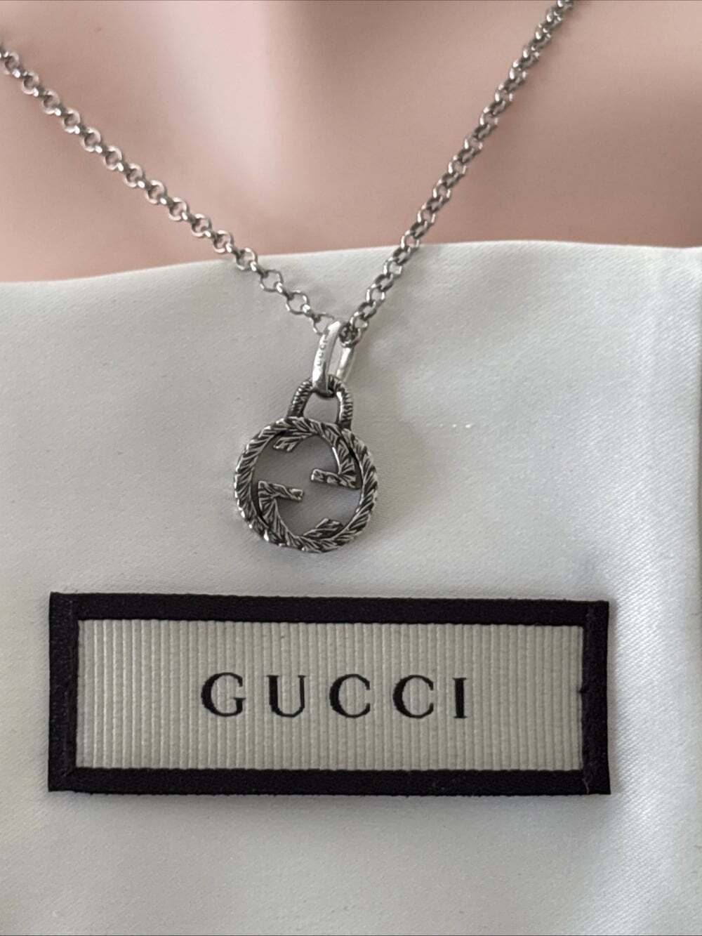 Gucci 925 Silver Interlocking Double G Logo Textured Pendant Rolo Necklace 19" - Picture 2 of 16
